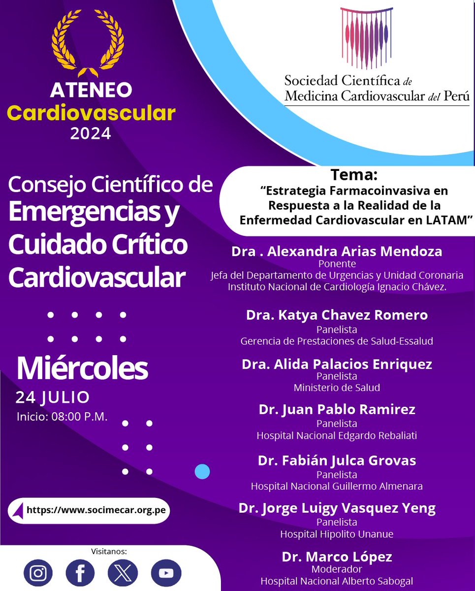Presentamos nuestro siguiente webinar:
"Estrategia Farmacoinvasiva en respuesta a la realidad de la Enfermedad Cardiovascular en LATAM", la cual se realizará:
🗓️Fecha: Miércoles 24 de julio del 2024
🕗Hora: 08:00 pm.
📍Modalidad: Virtual
¡Los esperamos!