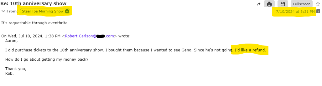 DOOMSPAYUH's tweet photo. LIAR AND MANIPULATOR @AaronImholte claims NO ONE has asked for refunds to the Steel Toe Anniversary event, however, WE HAVE THE RECEIPTS! Sources say multiple parties have been given the runaround when attempting to receive a refund. 
@chadzumock @mlcpodcast @PirateTaskForce https://t.co/rU8IqSMJEZ