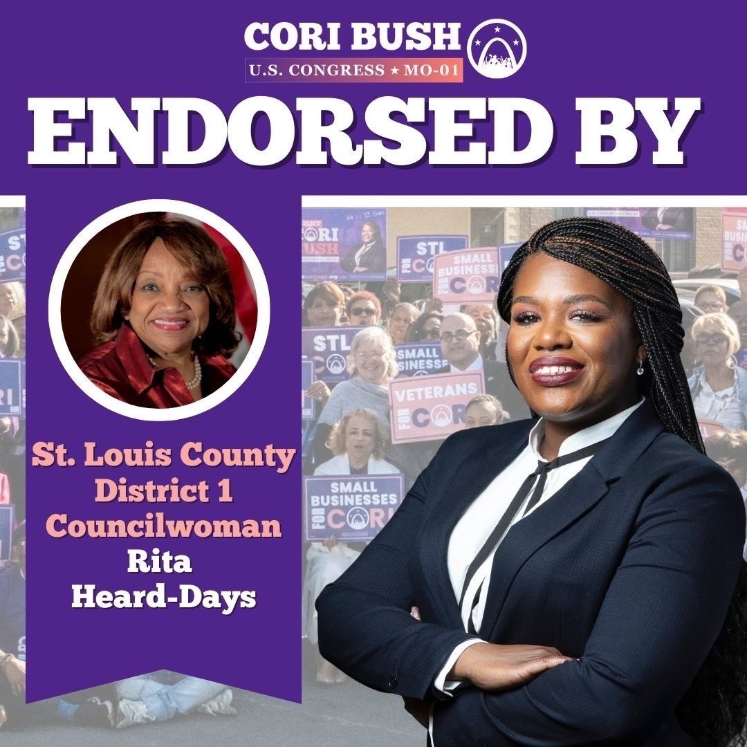 CoriBush's tweet photo. From our shared fight to keep St. Louis County residents in their homes to our shared commitment to service, I’m proud to call Councilwoman Heard-Days a partner in the work. I’m honored to have her endorsement &amp; I know that together we will keep delivering for our communities. https://t.co/E4Nf5uQ9Dg