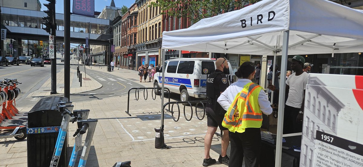 flanzz's tweet photo. Set up today at Rideau/William, across from the NOC, partnering with transportation planning services city of ottawa, and Bird scooters, for education #SafetyFirst and enforcement on e-scooters @OttawaPolice @ottawacity @BirdRideCanada #ottnews #rideau #ottawa https://t.co/YQYNxJePzK
