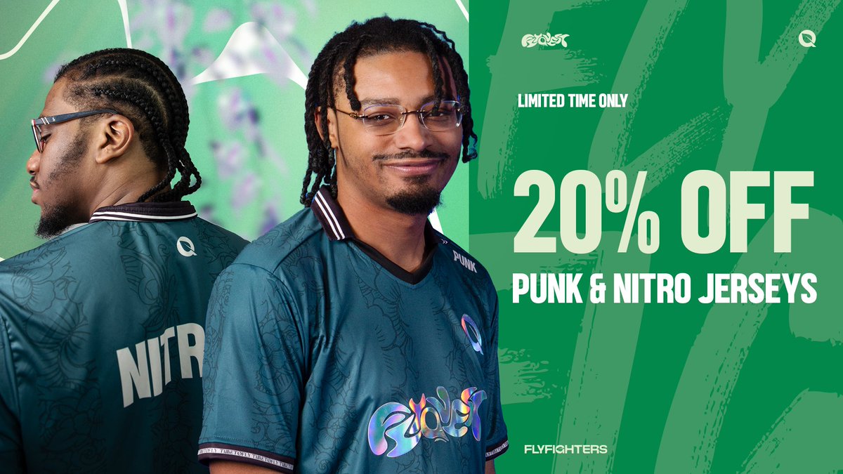 LIMITED TIME ONLY! 
20% off <a href="/PunkDaGod/">Punk</a>'s &amp; <a href="/NitroNY_/">Nitro</a>'s jerseys 🔥 
Support the EVO CHAMPIONS 🏆

🛒 flyquest.gg/collections/all