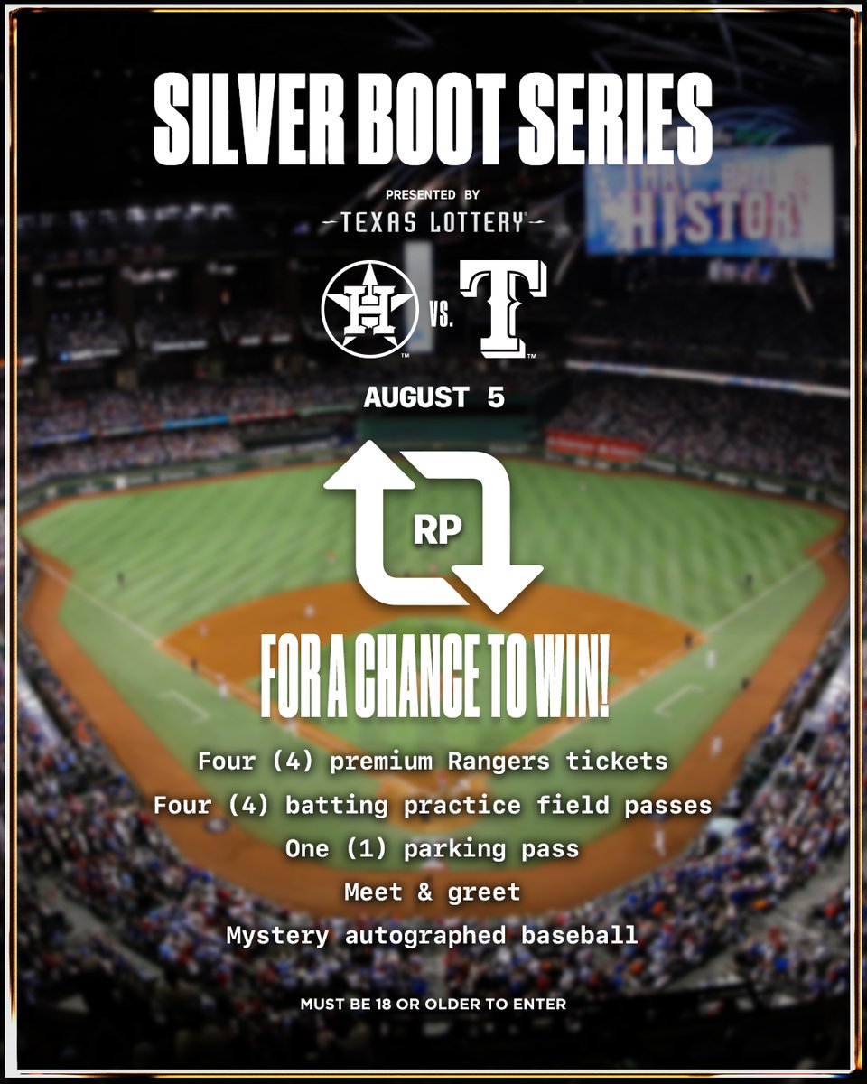 Texas Rangers (@rangers) on Twitter photo Repost today for a chance to win this #LuckHappens VIP Experience on August 5 from <a href="/TexasLottery/">Texas Lottery</a> during the Silver Boot Series!
Must be 18 or older to enter. Repost today for a chance to win this #LuckHappens VIP Experience on August 5 from <a href="/TexasLottery/">Texas Lottery</a> during the Silver Boot Series!
Must be 18 or older to enter.