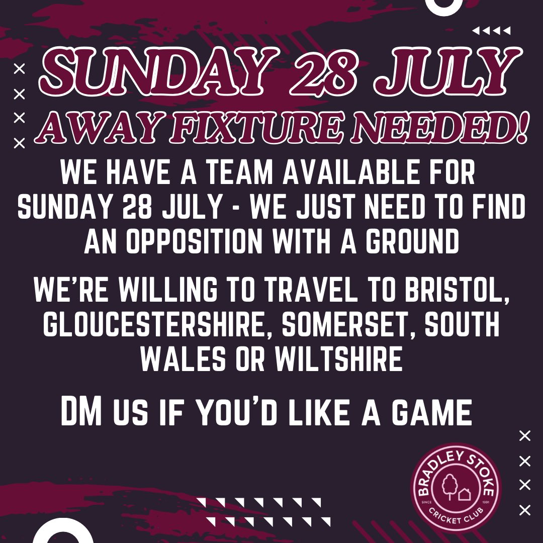 Bradley Stoke & Almondsbury Cricket Club (@bstokealmondscc) on Twitter photo Anyone Club fancy hosting us for an away game on Sunday?
If you can help, please DM us or contact Andy on 07882 072 680.
<a href="/TheFixtureMan/">TheFixtureMan</a> Anyone Club fancy hosting us for an away game on Sunday?
If you can help, please DM us or contact Andy on 07882 072 680.
<a href="/TheFixtureMan/">TheFixtureMan</a>