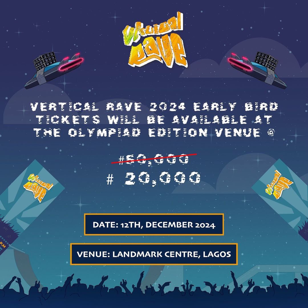 verticalrave's tweet photo. The cat is out of the bag and it’s official!💥 

Vertical Rave 2024 will be happening live at Landmark Centre, Lagos, 12th of December💫. 

Early Bird tickets will be available for a one time discount price at the Olympiad Edition Venue! 

Seize the opportunity and get ready for an amazing Rave experience🎖️. 

Cop your tickets via link in bio!🚀

#VerticalRave2024