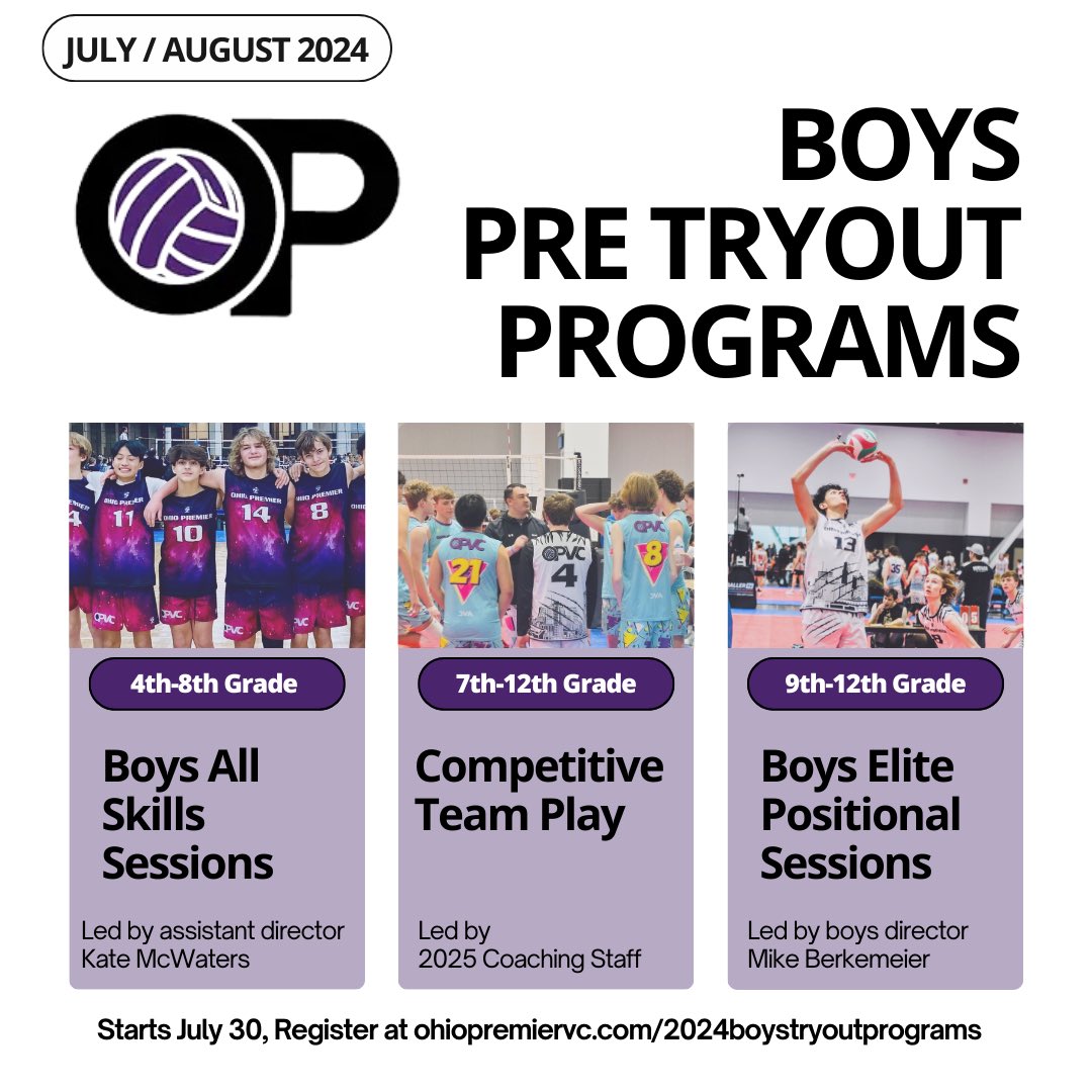 ohiopremiervc's tweet photo. NEXT WEEK! Our boys pre tryout programs start July 30th and go through the end of August 🙌🏻
Register online today💜🏐
Tryouts for boys club season start September 4th!
#OPVC #RGSA #tryoutseason @RGSAcad https://t.co/vsJz9HgsOE