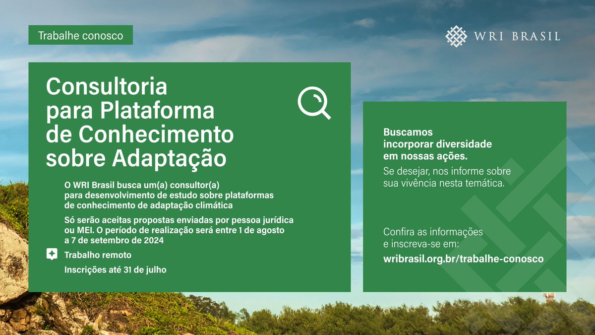 Estamos em busca de uma Consultoria para Plataforma de Conhecimento sobre Adaptação.

Confira mais detalhes e inscreva-se em: wribrasil.org.br/trabalhe-conos…