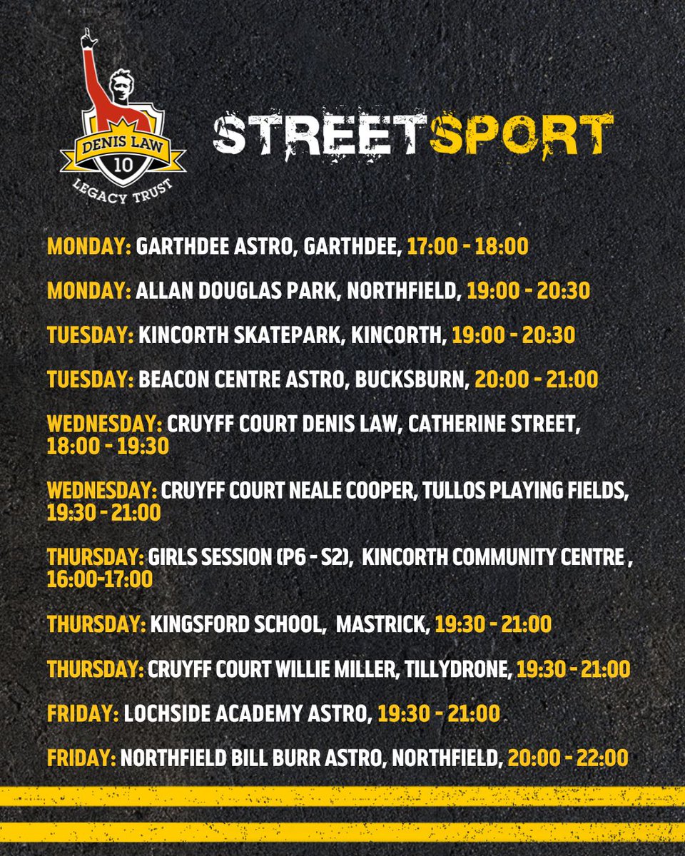 Denis Law Legacy Trust - Streetsport (@dlstreetsport) on Twitter photo Streetsport session update! ⚽☀
Run in partnership with <a href="/RobertGordonUni/">Robert Gordon University (RGU)</a>, Streetsport delivers free weekly sports and creative activity sessions for young people 5-nights a week, 50-weeks a year.
All sessions can be viewed below and from this week onwards Thursday's Tesco Streetsport session update! ⚽☀
Run in partnership with <a href="/RobertGordonUni/">Robert Gordon University (RGU)</a>, Streetsport delivers free weekly sports and creative activity sessions for young people 5-nights a week, 50-weeks a year.
All sessions can be viewed below and from this week onwards Thursday's Tesco