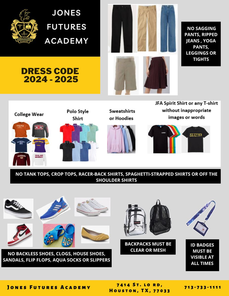 JonesFuturesHS's tweet photo. As we gear up for another exciting school year, we want to remind everyone of our dress code policy, which helps maintain a positive and productive learning environment. https://t.co/1wfNNqVXLU