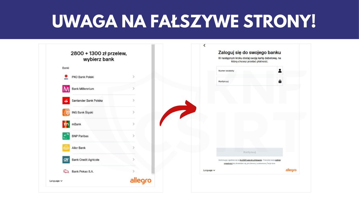 CSIRT_KNF's tweet photo. 🚨 Uwaga! 🚨

Ostrzegamy przed kampanią phishingową, która podszywa się pod znane portale sprzedażowe i operatorów telekomunikacyjnych. 📱

Oszuści kierują na fałszywe strony, gdzie wymagają wybrania banku, a następnie wyłudzają dane logowania do bankowości elektronicznej. 🏦

Bądźcie ostrożni i zawsze sprawdzajcie adres strony, na której się znajdujecie! 🔍💻

1/2