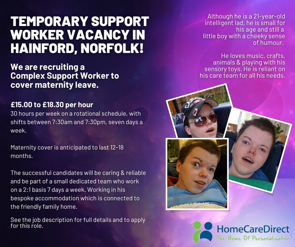 HomeCareDirect's tweet photo. We are seeking a Temporary Support Worker for our client in Hainford, Norfolk.

To submit your application and discover additional openings, please click on the provided link to visit our job portal: 
https://t.co/anDuw0B5gn https://t.co/cCKiMoZXR6