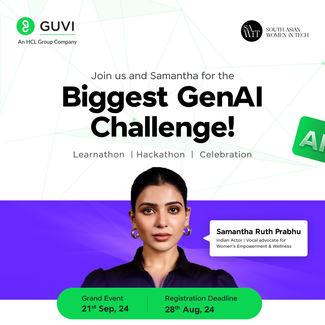 guviofficial's tweet photo. Attention Women!👑 
Unlock your potential with the GUVI &amp; https://t.co/X9tJnREttR powered World’s Largest Women-only GenAI Learning Challenge!

Wondering what’s in store for you?
🎯Learnathon &amp; Hackathon Challenge
🎯Exclusive Access to AI courses and certifications https://t.co/gltNMw9t0k