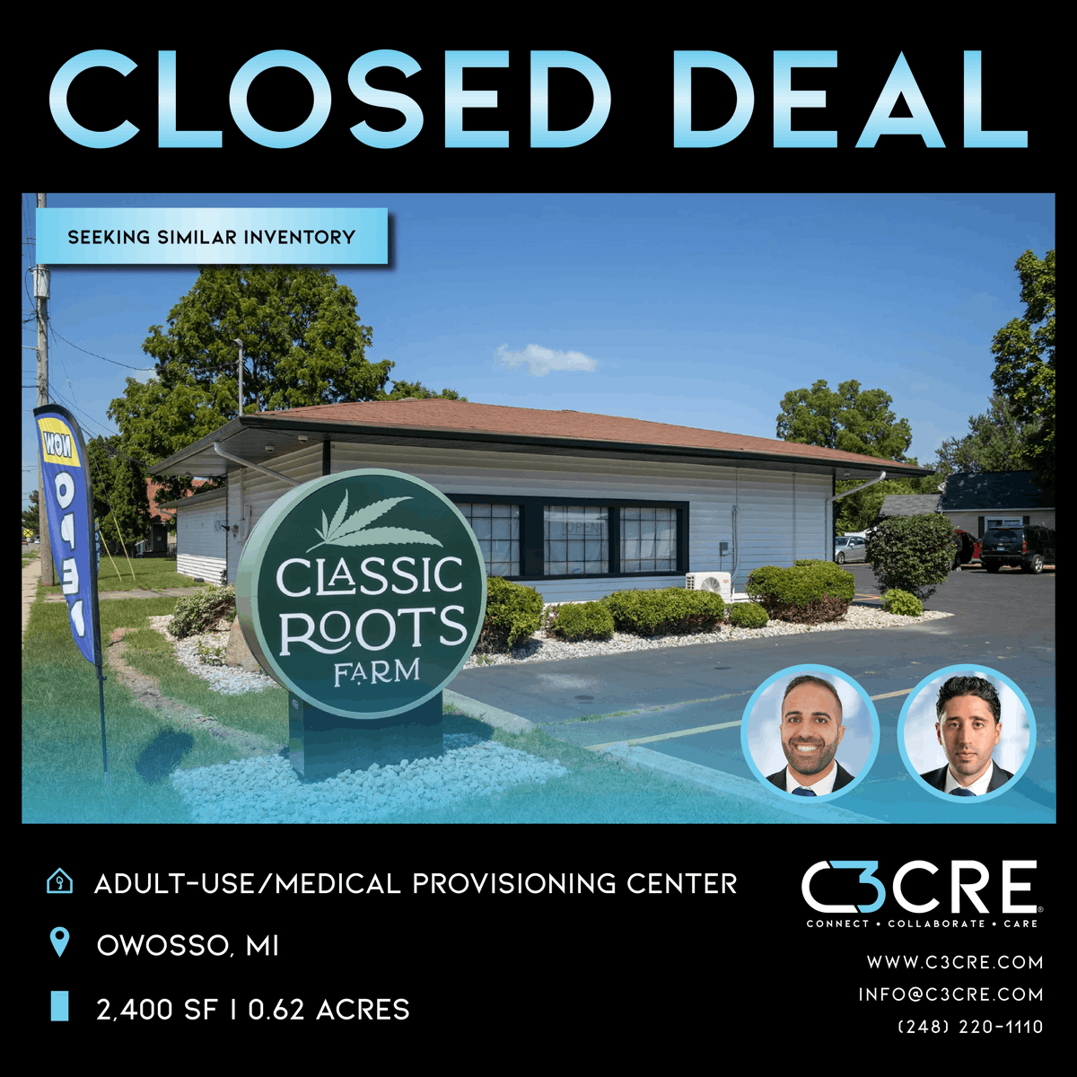 c3_cre's tweet photo. Congratulations to Corbin and Charlie on the successful sublease of an operating Provisioning Center in Owosso, Michigan! Reach out today for all of your Cannabis Real Estate needs.

#C3cre #ClosedDeal #CommercialRealEstate #CannabisRealEstate #ProvisioningCenter #Michigan https://t.co/fDOoujc9Bt