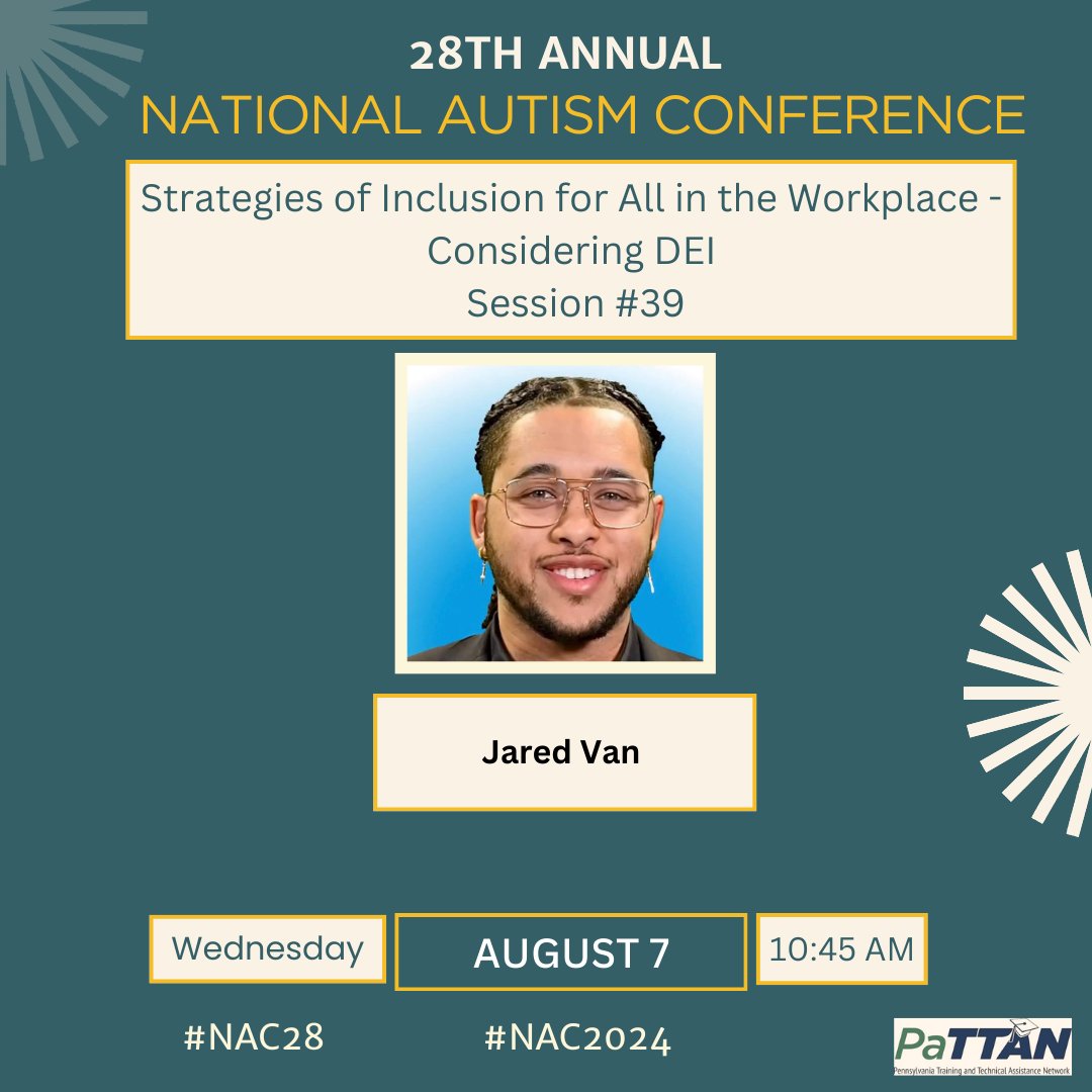 Check out these morning sessions on Wednesday, August 7 at #NAC2024! Join us at #NAC28 with PaTTAN Consultant Elizabeth Serpentine, <a href="/DillHugg26/">Stephanie Dille-Huggins</a>, Jared Van, and many more experts in the field making a difference for students with autism spectrum disorders: tinyurl.com/PaAutismConf