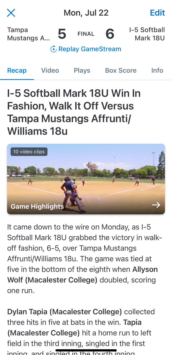 allysonwolf2024's tweet photo. PGF 2024 1st Bracket Play Game-ITB, ⬆️ 8th double play home to 2b to end the inning! Then ⬇️ 8th, 2 outs, Tori and Sophia on 1st &amp; 2nd. My hit to LC to the fence for the walk off🥎💣👏! https://t.co/JJR652Oaz0