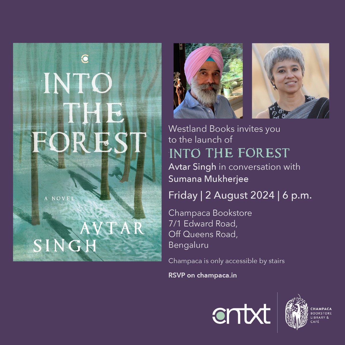 Mark your calendars fiction lovers! 

The #Bangalore launch of @avtar1_singh's Into the Forest is on 2 August (Friday) at <a href="/ChampacaBooks/">Champaca</a>. 

Avtar will be in conversation with <a href="/SumanaMukherjee/">Sumana Mukherjee</a>

RSVP here: bit.ly/4bY3ATj