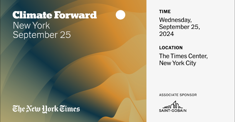 saintgobain's tweet photo. [#ClimateForward]

Join the @nytimes for a day of live journalism, dedicated to understanding our rapidly warming world. 

Like #SaintGobain, be there, as we confront our new reality.