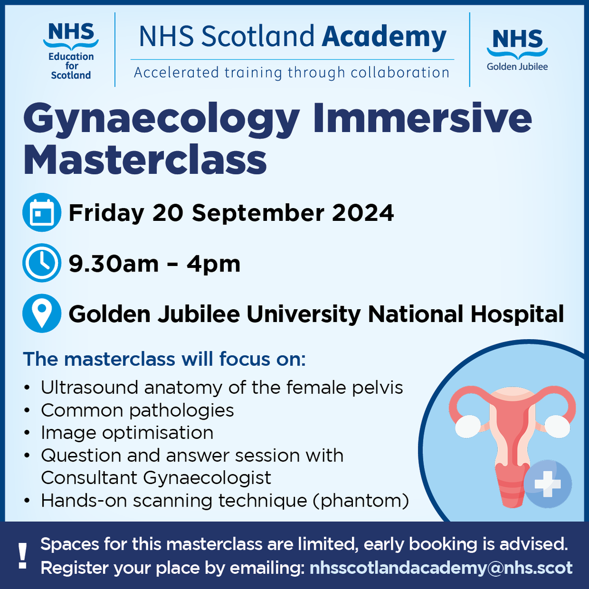 NHSScotAcademy's tweet image. Back by popular demand📣
The National Ultrasound Training Programme will be running a Gynaecology Immersive Masterclass on Friday 20 September at @jubileehospital 🏥
To register your place, email nhsscotlandacademy@nhs.scot
#Gynaecology #NHSScotland