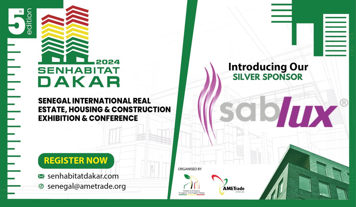 Excited to have Sablux as our Silver Sponsor for #SenHabitatDakar2024! Join us at the Senegal International Real Estate, Housing &amp; Construction Exhibition &amp; Conference.

Register now at senhabitatdakar.com.

#RealEstate #Construction #Housing #Innovation #Senegal #Sablux