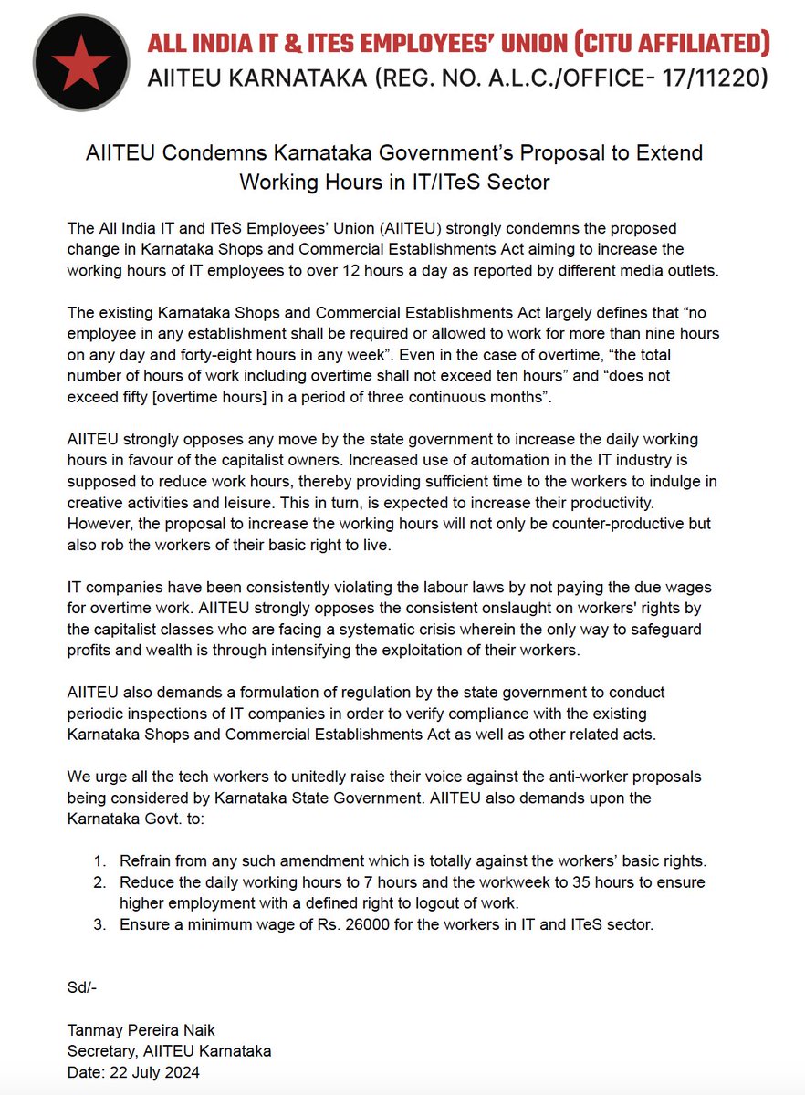 AIITEU strongly condemns the proposed change in Karnataka Shops and Commercial Establishments Act aiming to increase the working hours of IT employees to over 12 hours a day as reported by different media outlets.

#techworkers #united