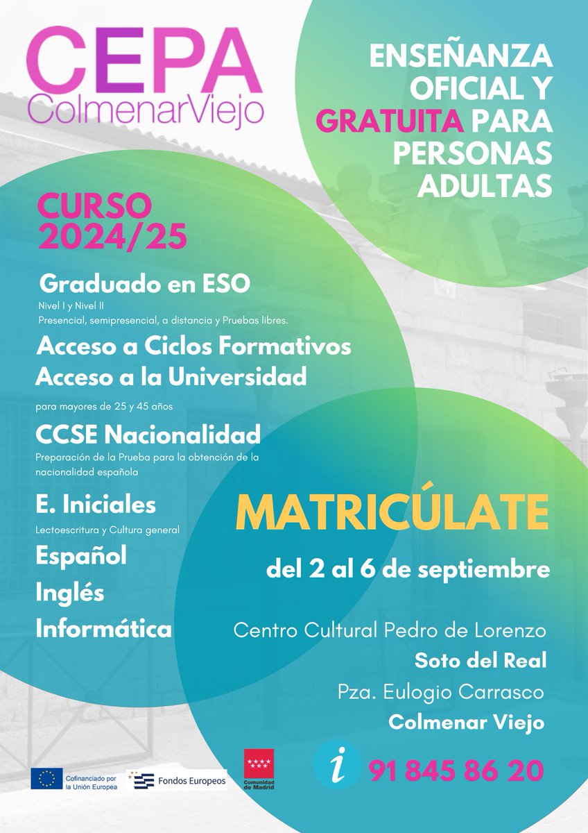 CEPAColmenar's tweet photo. Matricúlate en el @CEPAColmenar del 2 al 6 de septiembre @AytoGuadalix @aytosotodelreal @ManzanaresReal @AytoMiraflores @ayto3cantos @AytoColmenar https://t.co/uiAnbN1nDH