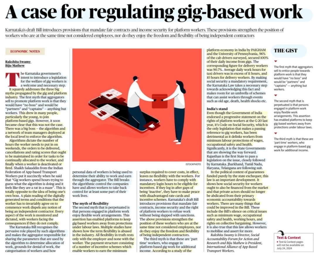 imRavikantYadav's tweet photo. 'A case for Regulating Gig-based work'
:An Insightful article by Ms Rakshita Swamy & Mr Biju Mathew
#GigWorkers,#Karnataka draft bill fr their Welfare protection, its provisions
Myths- #NoBoss #Partners #Flexibility #PartTime Workers
India's stand,#Rajasthan &
More info
#UPSC https://t.co/KCUzp1Z9Fp