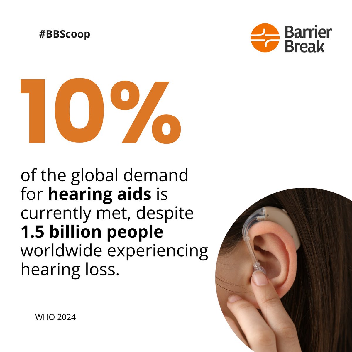 Barrierbreak's tweet photo. Less than 10% of the global demand for hearing aids is currently met, despite 1.5 billion people worldwide experiencing hearing loss - WHO 2024.

That's a massive gap!

Follow #BBScoop for more facts!

#a11y #accessibility #WHO #HearingDisability #DisabilityInclusion https://t.co/wgn7fyKRG0