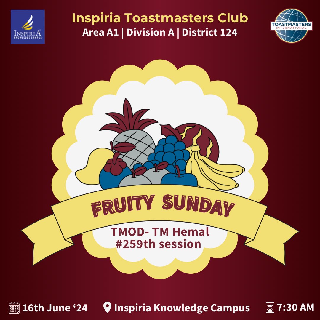 ClubInspiria's tweet photo. Theme- Fruity Sunday🍓
TMOD~ TM Hemal

Cheers to many more flavorful Toastmasters experiences!🥂

If you have any questions, don’t hesitate to reach out our adorable VP Membership, TM Shreya at her contact no. +977 9842152607 https://t.co/W53cMLK15F