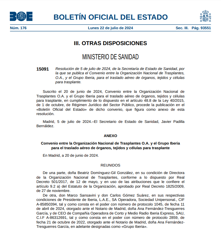 ONT_esp's tweet photo. Un sistema de donación ágil requiere mucho trabajo de fondo. Ayer se publicó en el BOE nuestro nuevo convenio con @Iberia.  Para que, todos los días, los órganos, tejidos y células para trasplante lleguen a tiempo a su destino https://t.co/vzmVWegBwa https://t.co/hn86Wo4d75