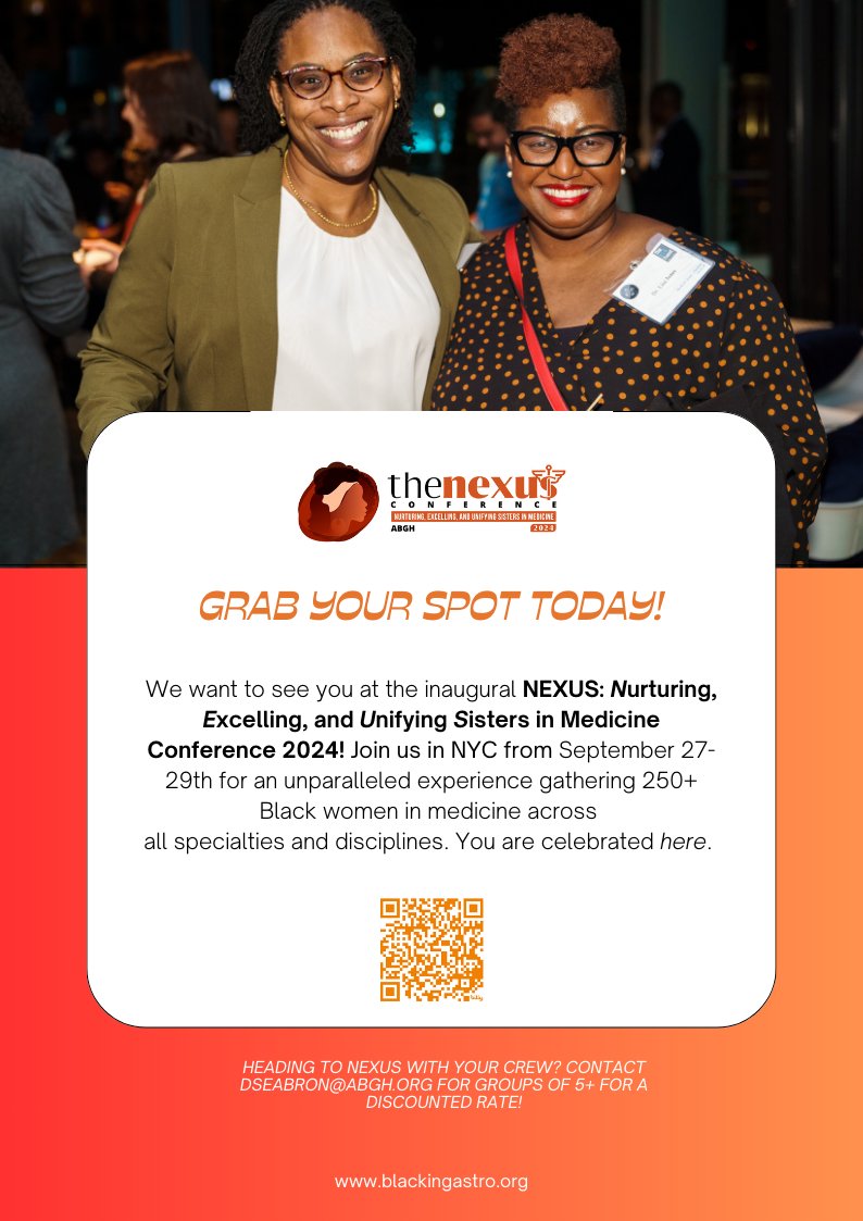 blackingastro's tweet photo. #Blackwomeninmedicine: You are celebrated here.

What: The NEXUS: Nurturing, Excelling, and Unifying Sisters in Medicine Conference 
🗓️: September 27-29th, 2024
📍: New York, NY
🎟️: https://t.co/uEkhok4Eeq

#ABGHNEXUS24 #blackingastro #BlackWomenLead