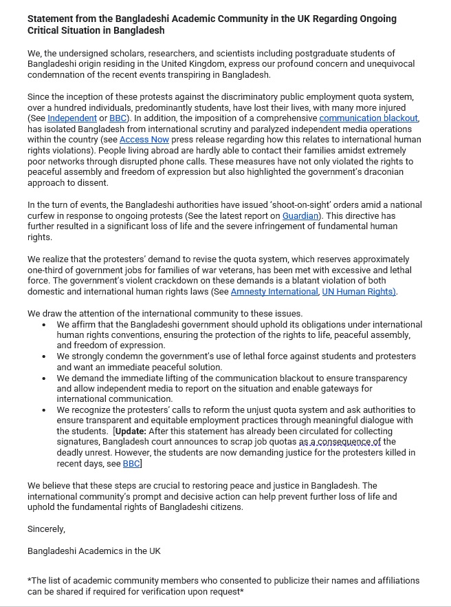 The academics and scholars of Bangladeshi origin working in the UK strongly condemn the recent events in Bangladesh. Here's our joint statement signed by 175+ academics. Please stand with Bangladeshis fighting for equal rights, free speech and justice.
#AllEyesOnBangladesh