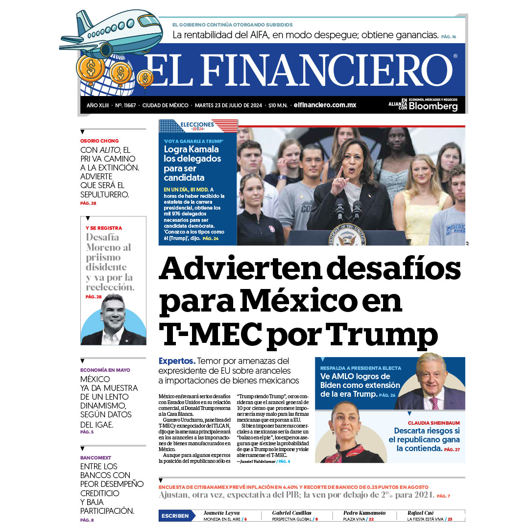 ElFinanciero_Mx's tweet image. ¡#FelizMartes! ☕📰 Hoy #EnPortadaEF destacamos:

📍 Advierten desafíos para México en #TMEC por Trump
📍Logra Kamala los delegados para ser candidata
📍Ajustan, otra vez, estimados del PIB; analistas lo ven abajo de 2% en 2024

Más noticias 👉 bit.ly/3s3Txbr
#EFContigo