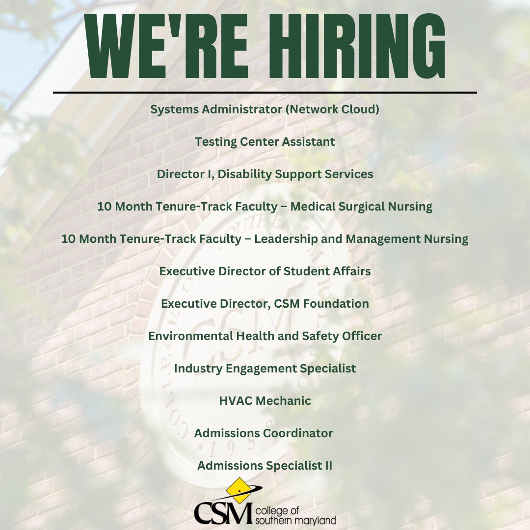 CSMHawks's tweet photo. We’re #Hiring! Our students aren’t the only ones who love being a part of the CSM community—our faculty and staff love being Hawks, too!
To browse all career opportunities and to apply visit: https://t.co/tuwO1uIVr4
#CSMHawks #CSMStudents https://t.co/DO3Iv4IxRt