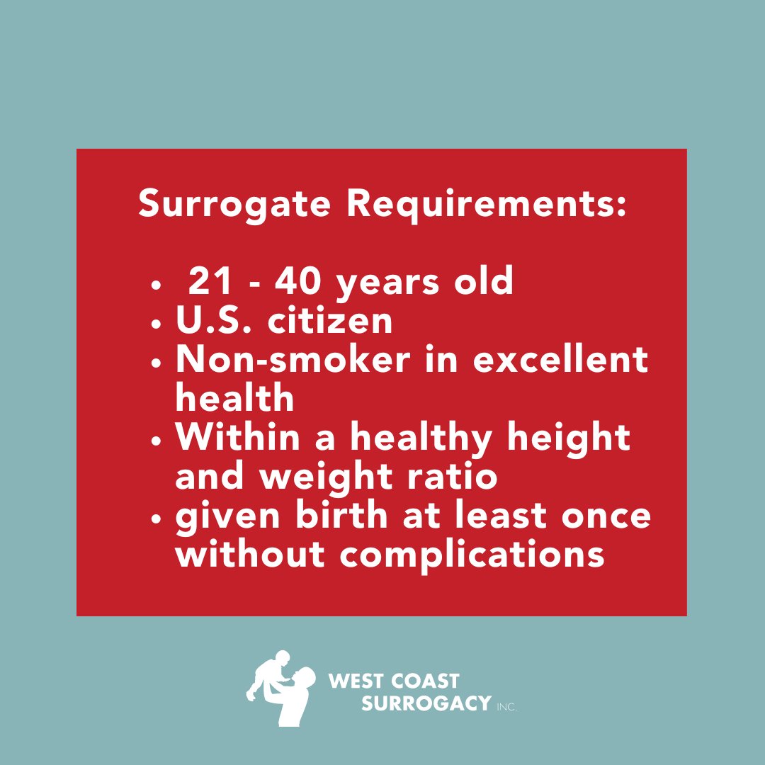 WCSurrogacy's tweet photo. For the health and safety of all, gestational surrogates must meet specific requirements. See the full list of surrogate requirements here: https://t.co/8BR7nOcLwT https://t.co/ND3hSCtIXQ