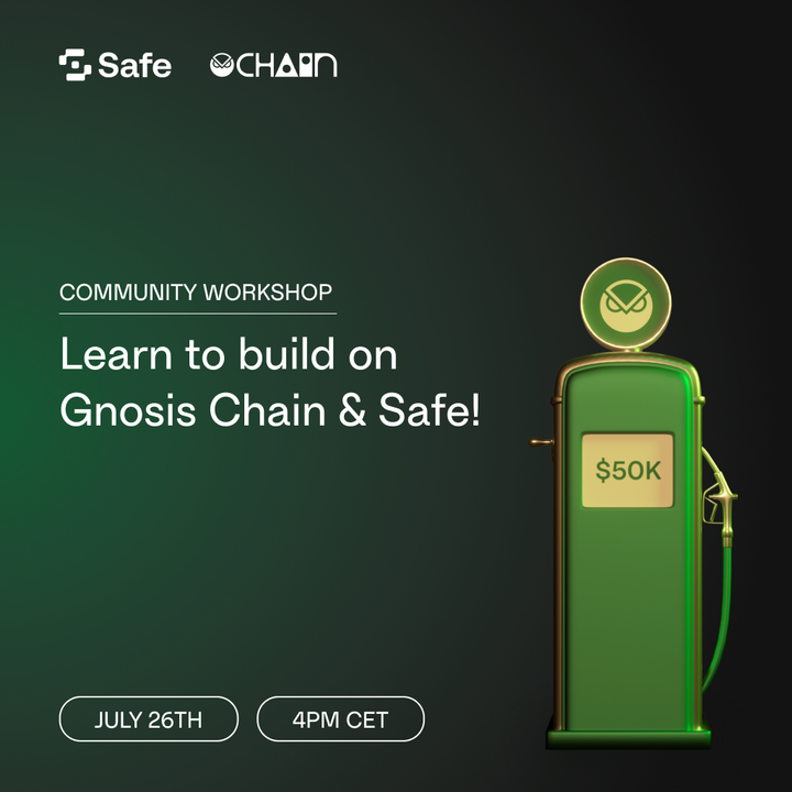 BUILDERS! 👷🏼
Join the Gnosis + Safe{Core}  Gas Station Community Workshop! 🚀

👩🏼‍🏫 Topic: Learn to Build on <a href="/gnosischain/">Gnosis Chain</a> &amp; Safe!
🗓️ Date: July 26th
⏰ Time: 4pm CET

Discover our Safe{Core} Gas Station Program ⛽️ hosted by <a href="/pimlicoHQ/">Pimlico</a> &amp; get support from both ecosystems!