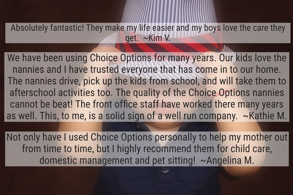 NanniesAndMore's tweet photo. A few words from our clients... Call Choice Options nanny agency today for a professional, qualified and caring #Nanny! 520.638.6538 https://t.co/0HPV837btd