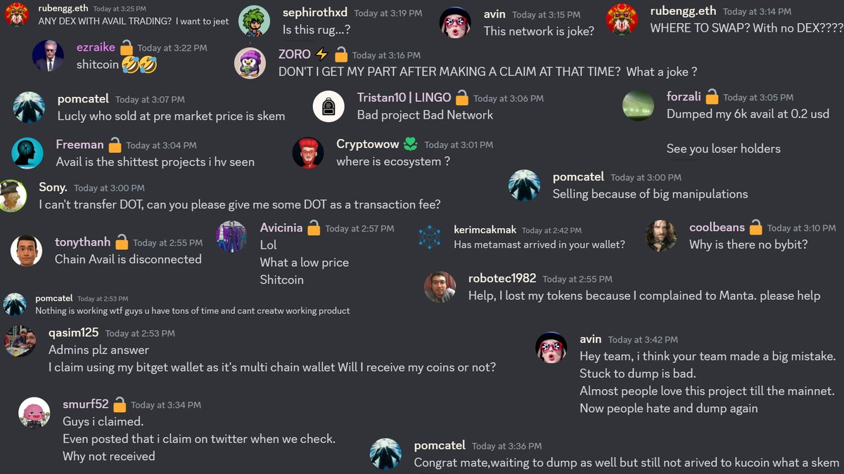 Shuarix's tweet photo. Perfect TGE, launch and listing by @AvailProject, congrats team! I have been following this for months, and bought some bags today.

$AVAIL is listed on Bybit, Kucoin, Bitget, Mexc, Gate and HTX.

Also got the airdrop on some wallets, holding full stashes.

For 2 hours I watched the hilarious airdrop drama by the always unhappy jeets, likely the funniest stuff I ever saw. Even for $1M I would not want to be in a team that does an airdrop, knowing I will have to handle the stuff in the image for days, even weeks lmao.

@CelestiaOrg, we're coming to get u bois! 😆