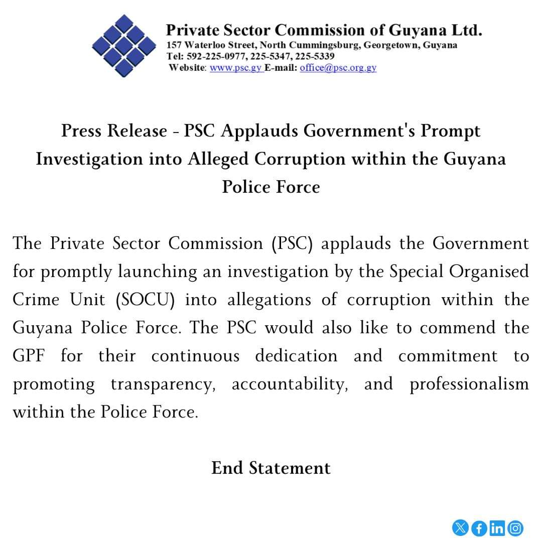 PSCGuyana's tweet photo. The Private Sector Commission welcomes and applauds the investigation into allegations of corruption within the Guyana Police Force. https://t.co/LQHl5uCqKa