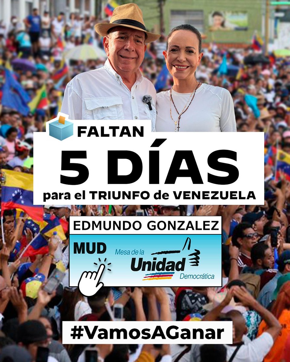 Faltan 5 días para que los venezolanos alcancemos en paz nuestra libertad y recuperemos la democracia eligiendo a <a href="/EdmundoGU/">Edmundo González</a> como presidente de Venezuela. #VamosAGanar