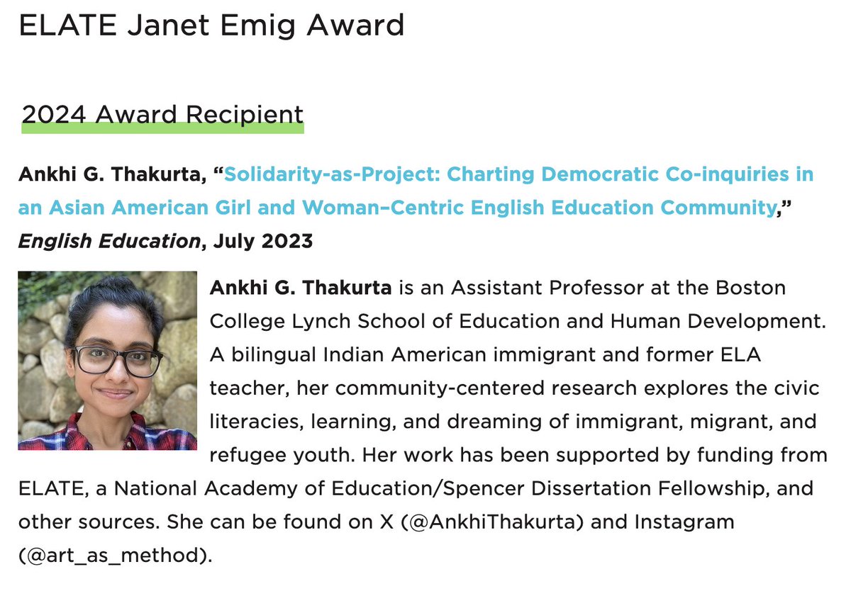 AnkhiThakurta's tweet photo. I am so honored to share that my English Education article ("Solidarity-as-Project") received the 2024 ELATE Janet Emig Award ❤️ I'm beyond grateful to the awards committee, @ncte_elate, and @Eng_Ed_Journal for their generous support. Read here: https://t.co/vZTAVDZEg1 https://t.co/2um3LBWw6t