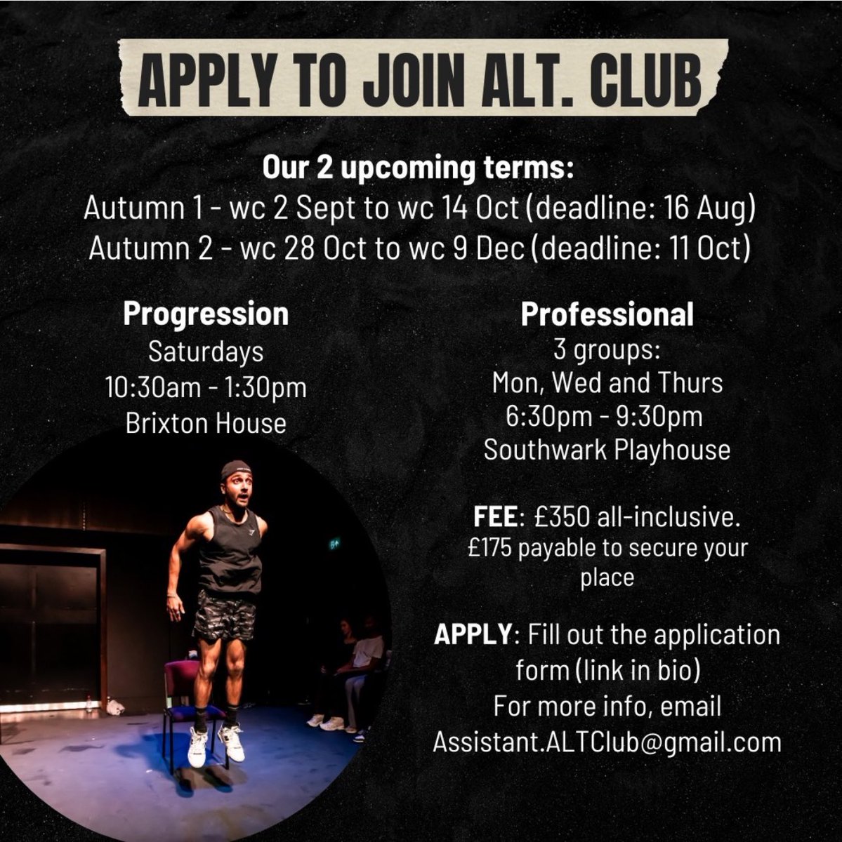 Applications are open for our Autumn terms!
ALT. Club is perfect for actors looking to rediscover a sense of playfulness and spontaneity in their craft. Whatever your level of experience, benefit from expert training with industry professionals.

More info &amp; apply: link in bio