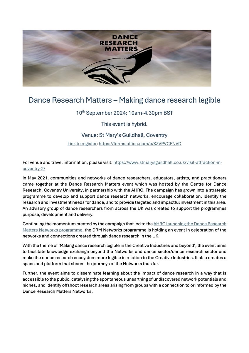 DanceResMatters's tweet photo. 'Making Dance Research Legible': the Dance Research Matters mid-point event 

📅 10 September, 10am-4.30pm
📍St Mary's Guildhall, Coventry, and online. 
🔗https://t.co/WnQSXnCoZ1 https://t.co/JoZushHPHY