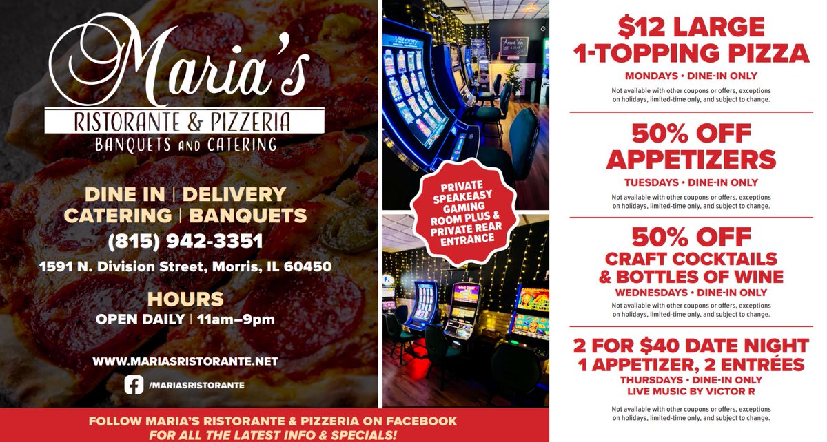 GEMGamingLLC's tweet photo. Need an escape this week? Well, head over to Maria's Pizzeria & Ristorante for some time in their Speakeasy Gaming Lounge! Great food, an amazing bar & very hip gaming area = THE PERFECT ESCAPE! Treat yourself... #morrisil
#gemrewards https://t.co/TlaXOo6NkA