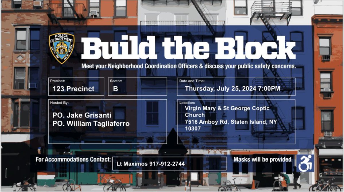 123Council's tweet photo. The @NYPD123Pct  Sector B Build The Block meeting will be held this Thursday, July 25th. So come on down and meet Officers Grisanti &amp; Tagliferro who will answer any questions &amp; address any concerns that you may have. See you there! https://t.co/tXyOjooz2m