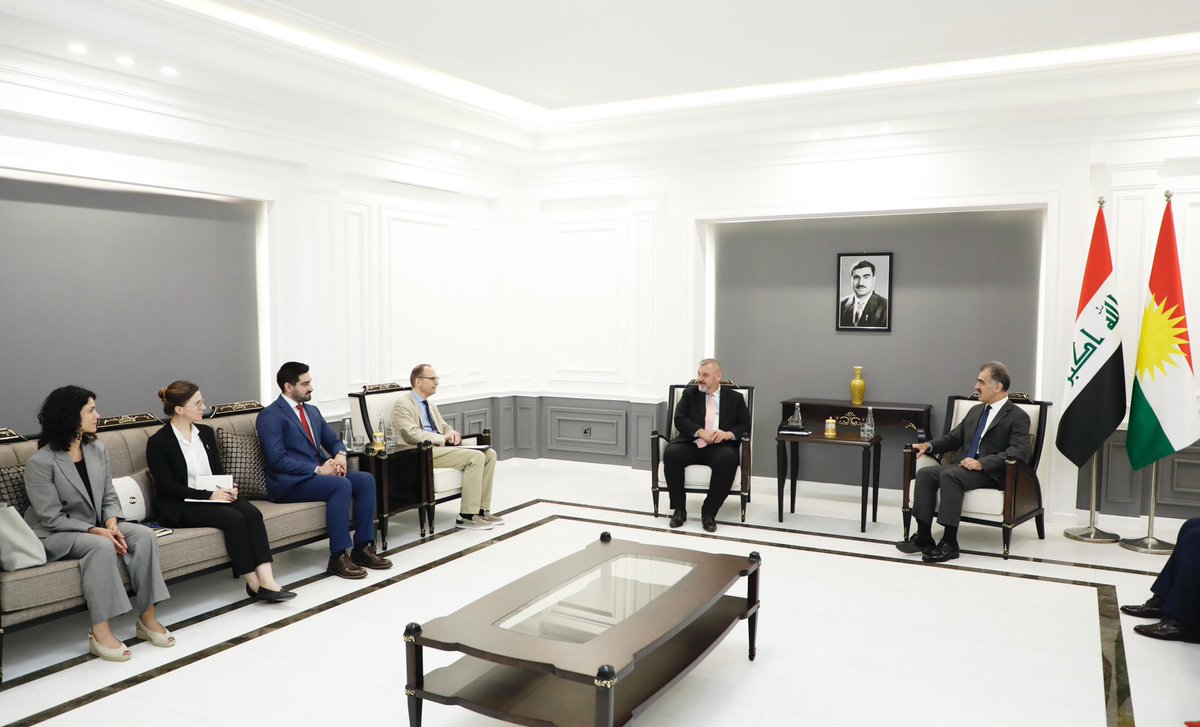 I received <a href="/EUinIraq/">EU in Iraq 🇪🇺🇮🇶</a> Ambassador Thomas Seiler, accompanied by a representative in Erbil. I briefed them on the current developments, KRI forthcoming elections, and Erbil-Baghdad relations. We also discussed the conditions of refugees/IDPs and their safe return to their homes.