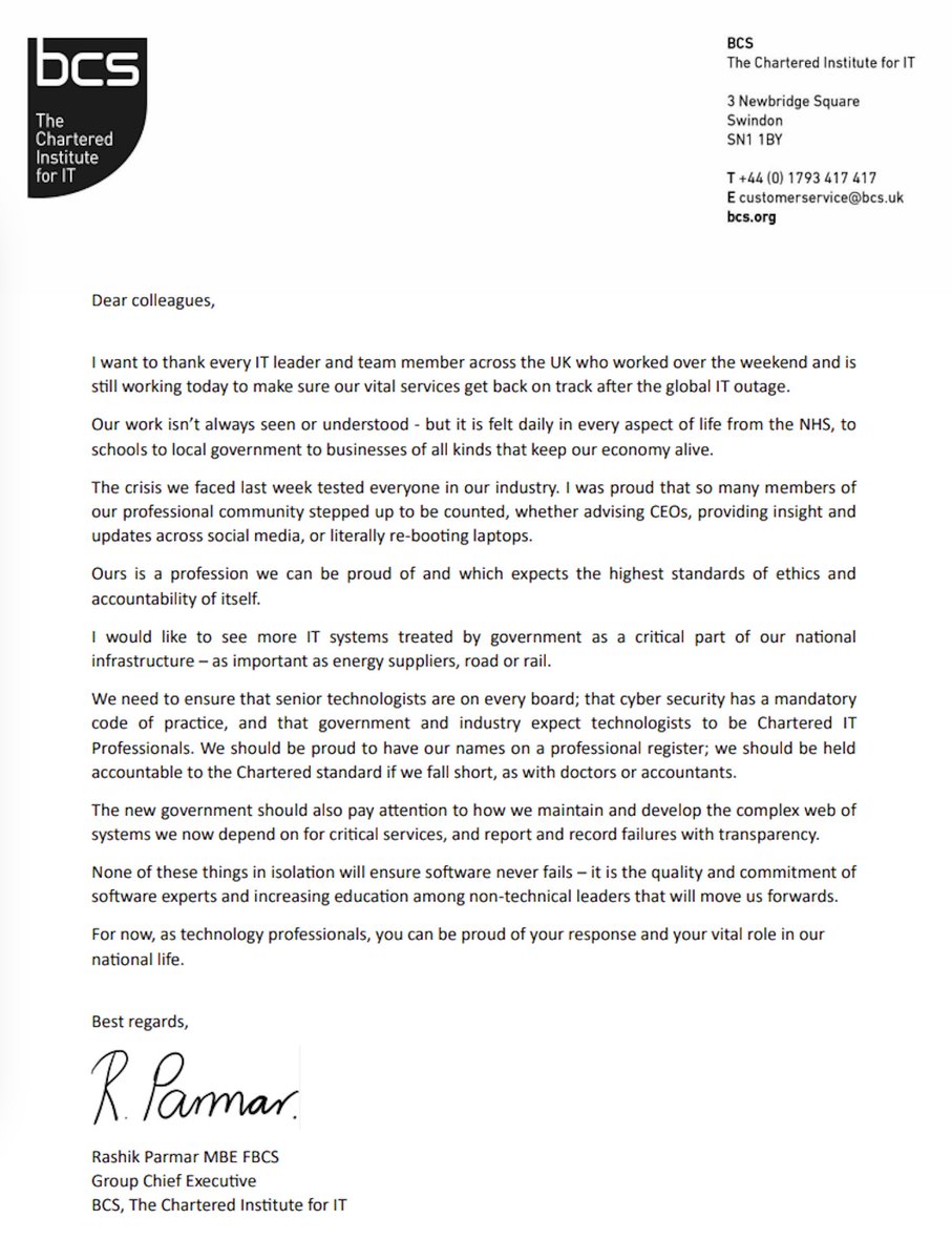 Join me in thanking the  tech professionals for their dedication and commitment in fixing the  issues left in the wake of the CrowdStrike outage. Although their work  isn’t always seen or understood - it is vital... Awesome work - a huge thank you from me and the <a href="/bcs/">BCS, The Chartered Institute for IT</a>