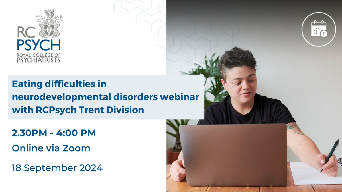 RCPsych Trent (@rcpsychtrent) on Twitter photo Bookings are now open for the upcoming webinar Eating difficulties in neurodevelopmental disorders. We will be joined by speaker Dr Sara Morando on 18 September 2024.
Book your place now🔗 rcpsych.ac.uk/events/confere… <a href="/rcpsychEDFac/">RCPsych Eating Disorders Faculty</a> <a href="/DrShahidLatif/">Dr Shahid Latif</a> <a href="/DrFSSophiaSent1/">Dr.Sophia Senthil</a> <a href="/drraisirfan/">Dr Rais Irfan</a> Bookings are now open for the upcoming webinar Eating difficulties in neurodevelopmental disorders. We will be joined by speaker Dr Sara Morando on 18 September 2024.
Book your place now🔗 rcpsych.ac.uk/events/confere… <a href="/rcpsychEDFac/">RCPsych Eating Disorders Faculty</a> <a href="/DrShahidLatif/">Dr Shahid Latif</a> <a href="/DrFSSophiaSent1/">Dr.Sophia Senthil</a> <a href="/drraisirfan/">Dr Rais Irfan</a>