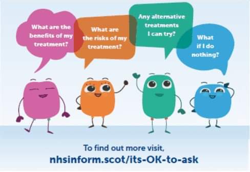 Do you know #ItsOKtoAsk?
To help you get the most out of your next healthcare appointment, there are 4 key
questions it’s worth remembering to ask.
For more info visit:
nhsinform.scot/its-ok-to-ask
<a href="/NHSGrampian/">NHS Grampian</a> <a href="/RealisticMed/">Realistic Medicine</a>