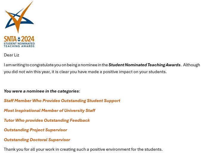 What a lovely email to receive! Thank you to everyone <a href="/PGCEIDL/">@PGCEIDL International Initial Teacher Training</a> <a href="/UoSiQTS/">UoSiQTS</a> and <a href="/sunderlanduni/">University of Sunderland</a> who nominated me - I'm thrilled that you took the time to think of me 😍🥳🏆