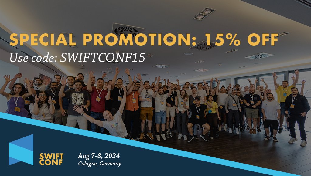 SwiftConf's tweet image. 📢 Exciting news! #SwiftConf 2024 is celebrating 10 amazing years with a 15% discount on tickets. Use code SWIFTCONF15 and secure your spot today! Limited availability – don&apos;t wait! 🎉✨swiftconf.com 🎟️#SwiftAnniversary