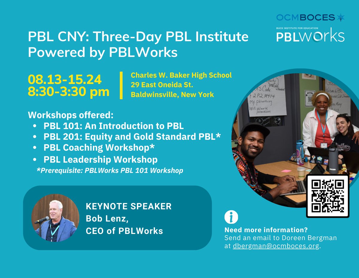 PBLWorks's tweet photo. If you couldn't join us in Napa Valley for PBL World, now’s your chance to experience the same transformative learning closer to home. Join us for the PBL CNY Three-Day Institute Powered by PBLWorks in New York this August in partnership with OCM BOCES.

https://t.co/STiI4TAL0a https://t.co/fTLDKLikEL